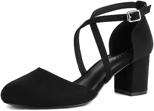 greatonu womens black low block heeled dress pumps closed round toe cross strap wedding bridal party office shoes size 9