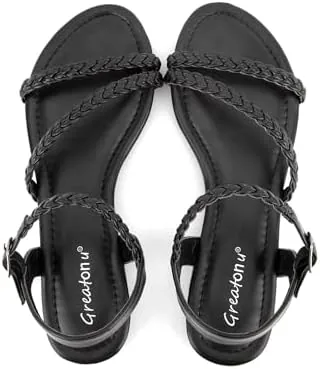 greatonu womens flat sandals summer braided slip on gladiator sandals open toe strappy slingback shoes black size 9