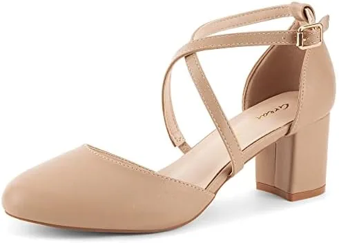 greatonu womens nude low block heeled dress pumps closed round toe cross strap wedding bridal party office shoes size 85